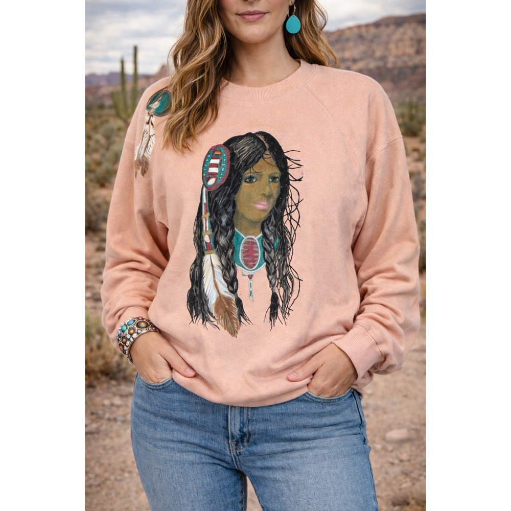 Hanes Peach Native American Woman‎ Art Painted Sweatshirt Women's Large